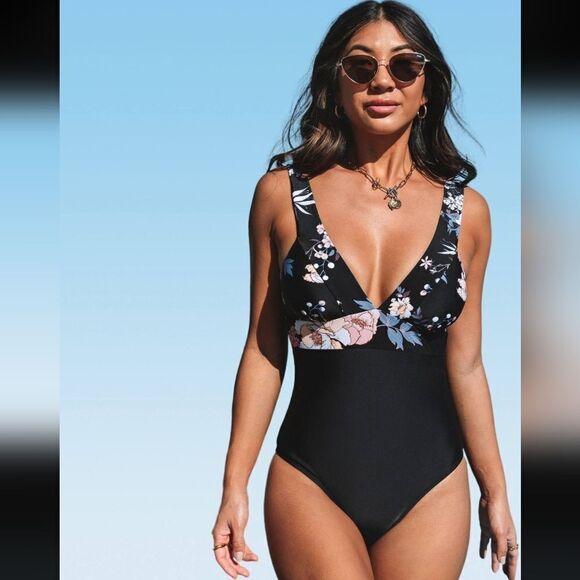 CUPSHE One Piece Swimsuit Backless V Neck Wide Straps Back Hook Floral Size L - Picture 6 of 11